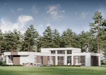 Single-storey home among firs