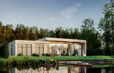 Lakeside home at dusk