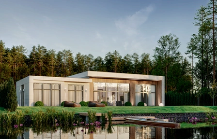 Lakeside home at dusk