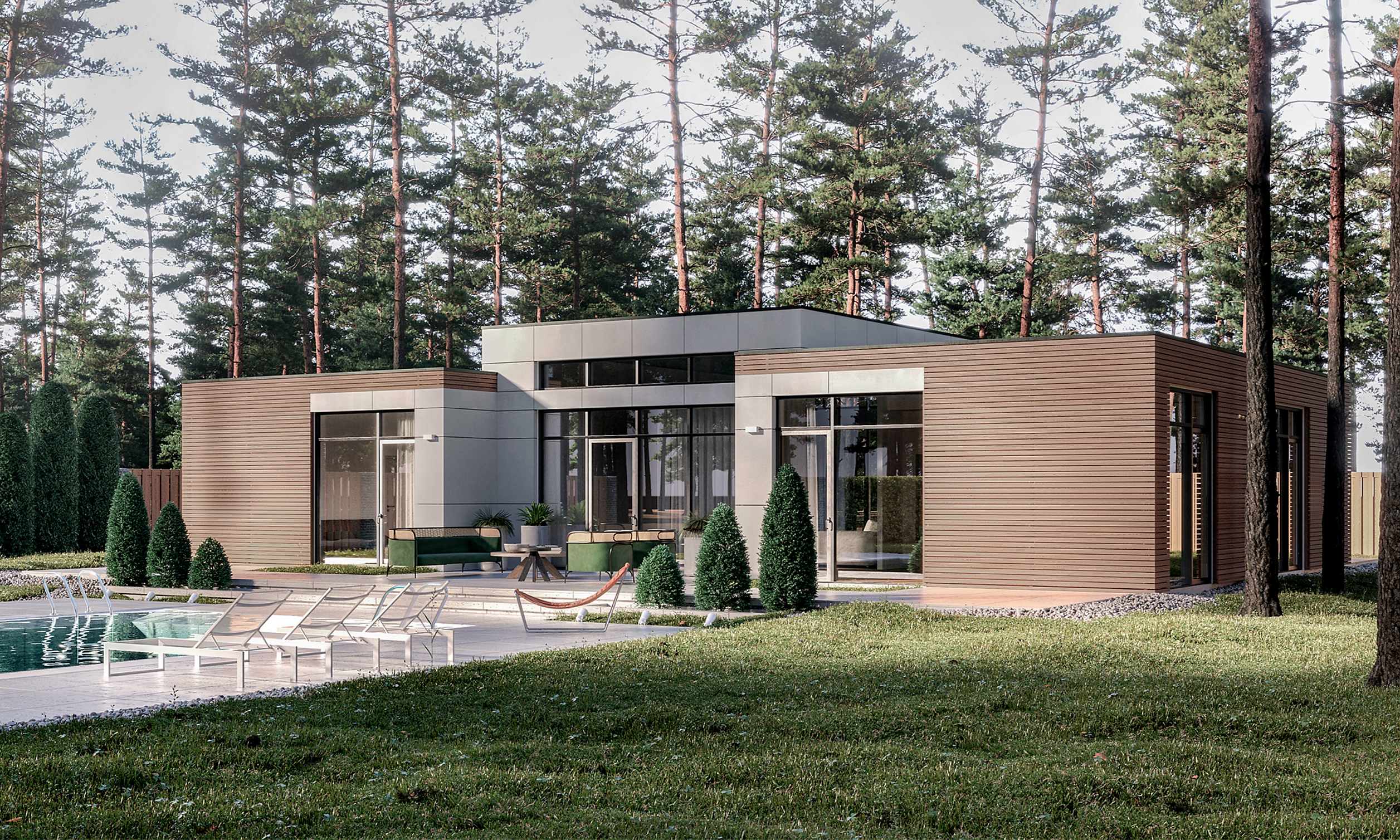 NextHome modular house with lawn and pool terrace