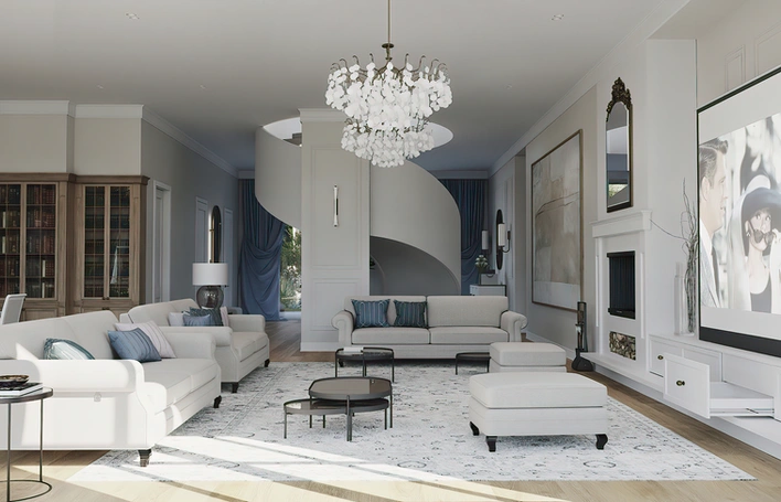 Living room with spiral stair
