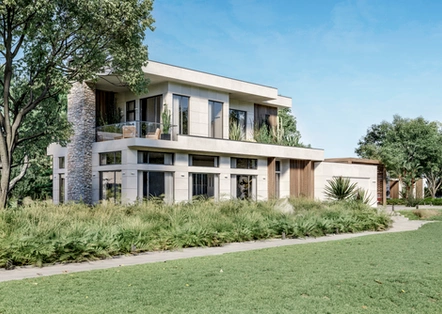 Two-storey home with stone tower